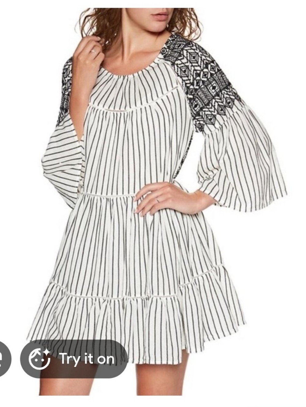 Free People Black & White Lola Embroidered Bell-Sleeve Midi Dress Size S